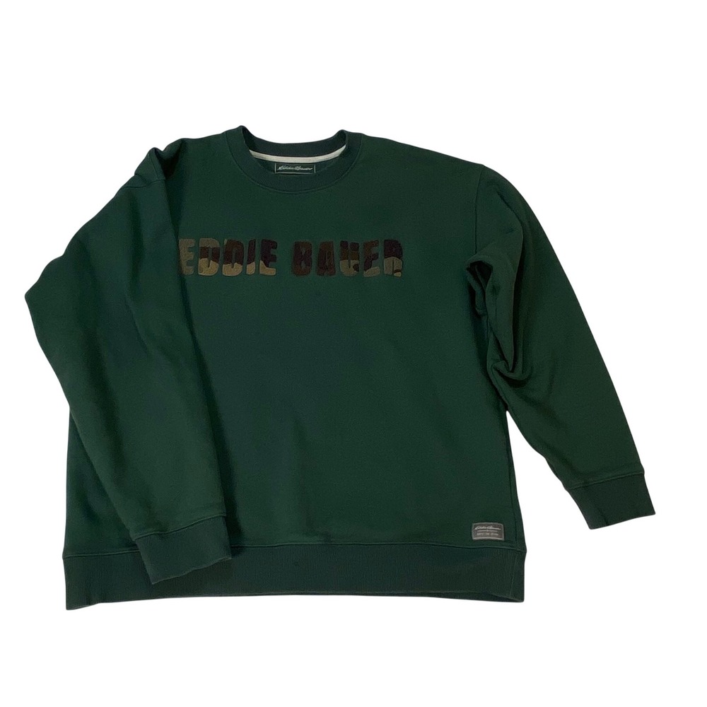 Eddie Bauer Mens XL Green Crewneck Sweatshirt Camo Logo Fleece Pullover